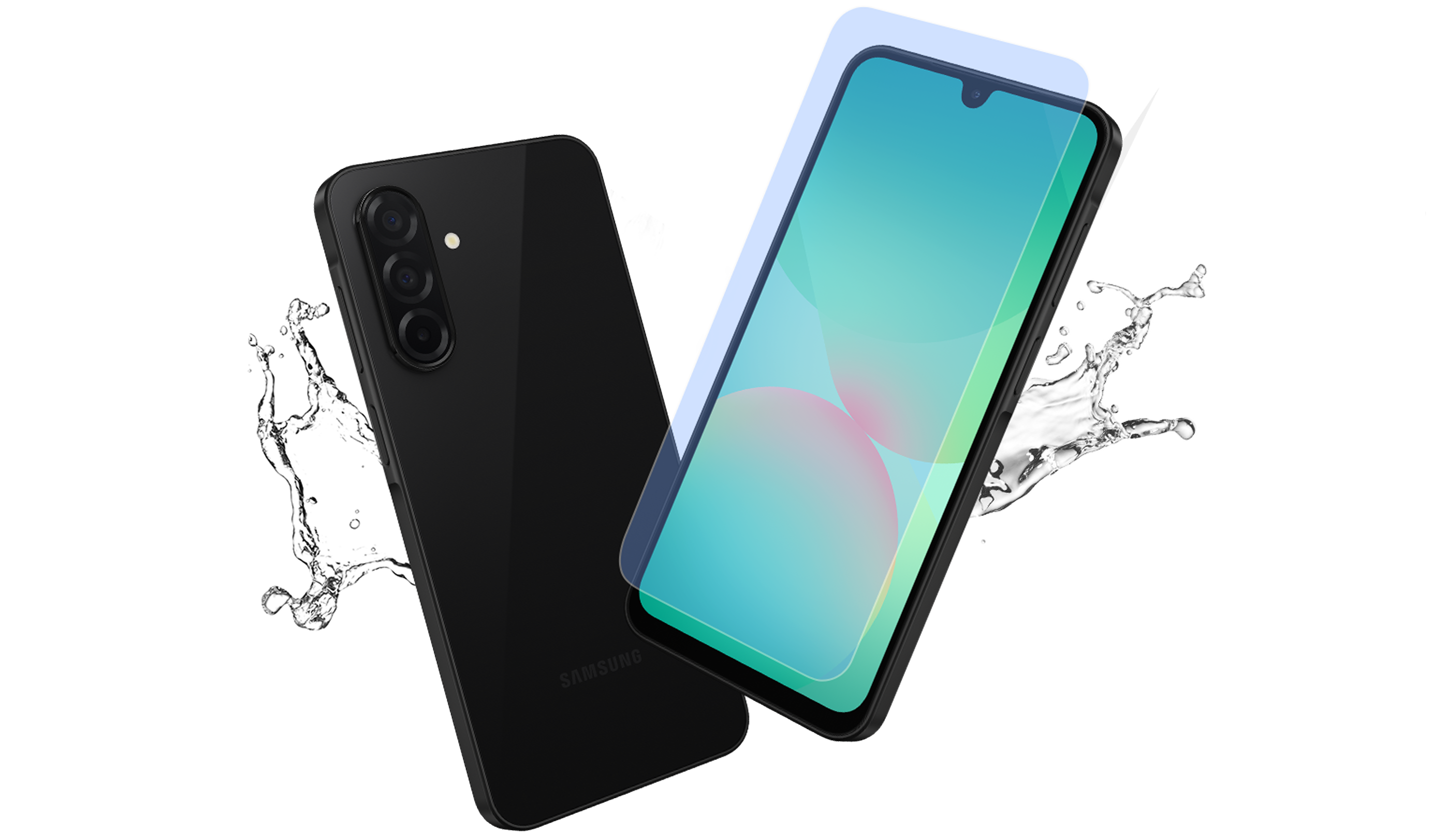 Device displayed from both sides with available 4 colours in a background of water drops