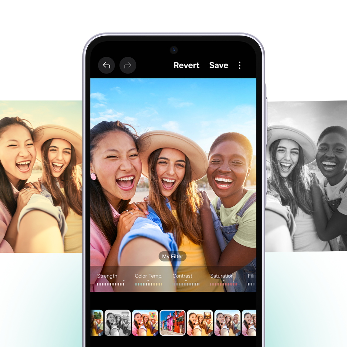 3 people having a selfie choosing filters