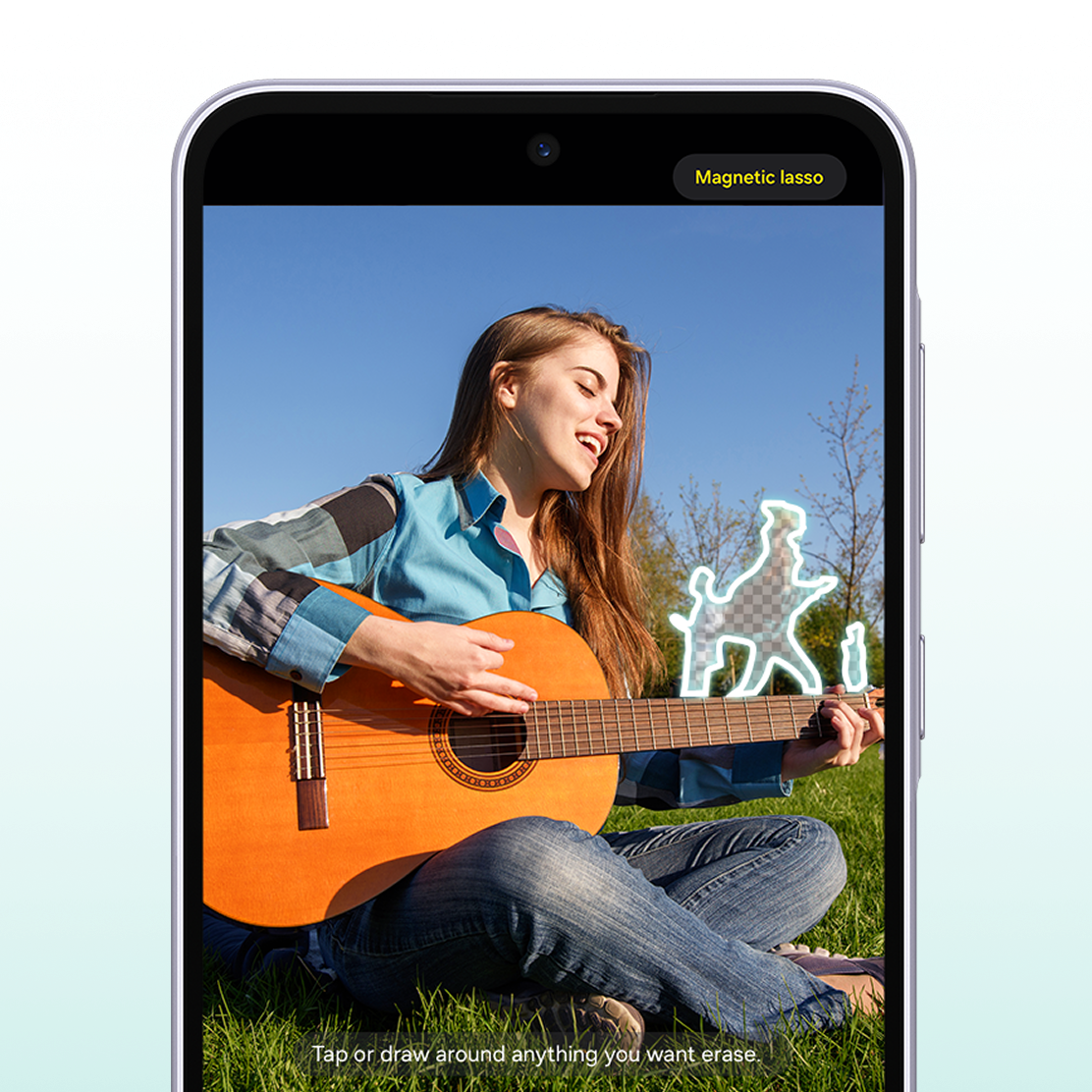 Woman playing guitar - object eraser removing background people