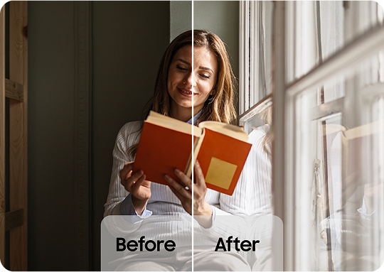 Woman reading next to a window
