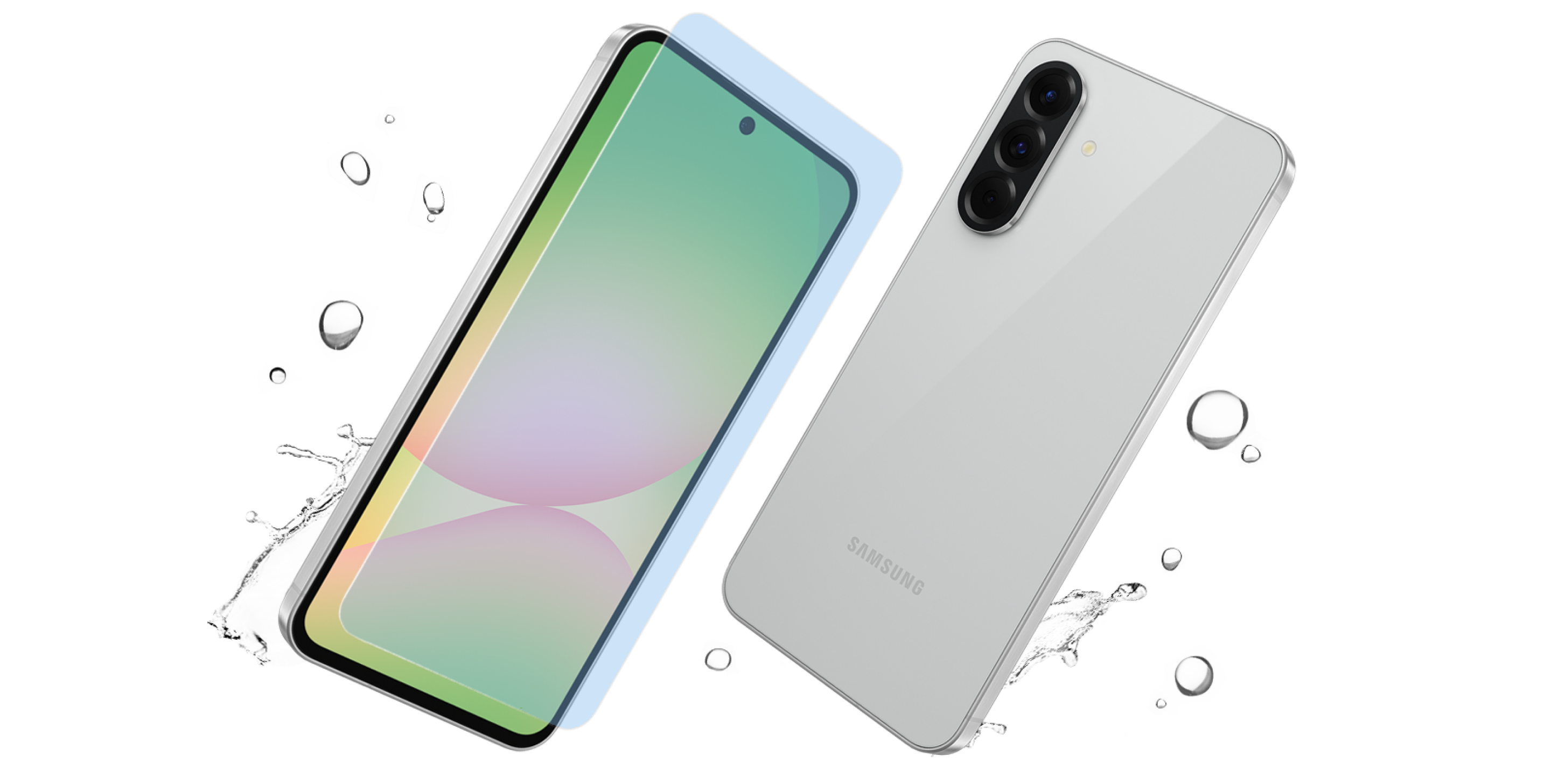 Device displayed from both sides with available 4 colours in a background of water drops