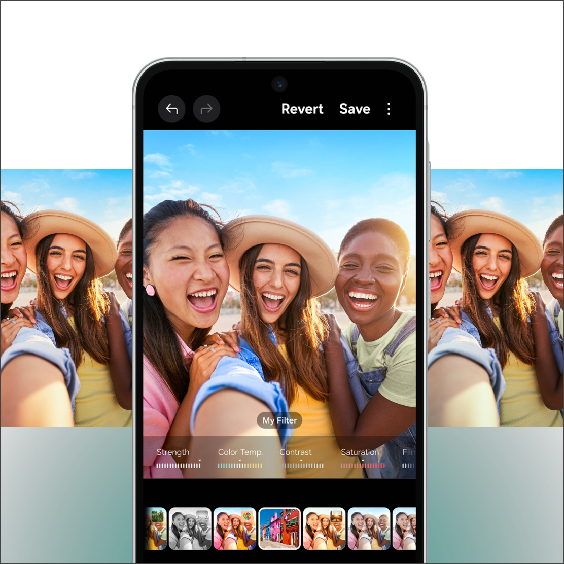 3 people having a selfie choosing filters