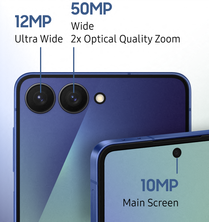 Detailed composite image labelling each of the 3 cameras present on the Galaxy Z Flip7