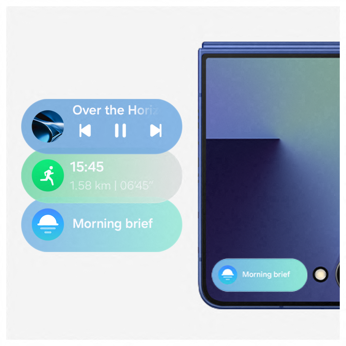 Flip7 shown closed with NowBrief feature highlighted with widgets next to the phone.