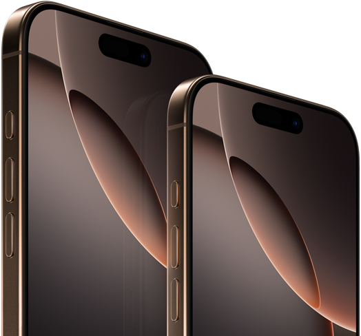 6.9-inch iPhone 16 Pro Max and 6.3-inch iPhone 16 Pro, front exterior, Action button, volume buttons, Dynamic Island centred near top