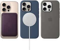 Three iPhone 16 Pro devices, back exterior, with MagSafe accessories attached: iPhone FineWoven MagSafe Wallet, MagSafe Charger and iPhone Silicone Case with MagSafe