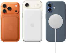 iPhone 17 Pro, back exterior, Cosmic Orange colour, with Silicone Case in Sienna colour and FineWoven Wallet with MagSafe in Fox Orange colour; iPhone Air, back exterior, Cloud White colour, with Magsafe Battery; iPhone 17, back exterior, Mist Blue colour, with Silicone Case in Anchor Blue colour and MagSafe Charger