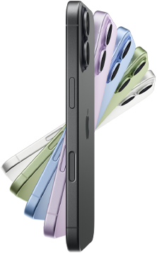 iPhone 17, exterior side, five colours: Black, Lavender, Mist Blue, Sage and White.