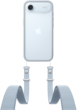 iPhone Air, back exterior, Sky Blue colour, Fusion camera system near top, centred Apple logo, Crossbody Strap with Bumper in light grey colour attached