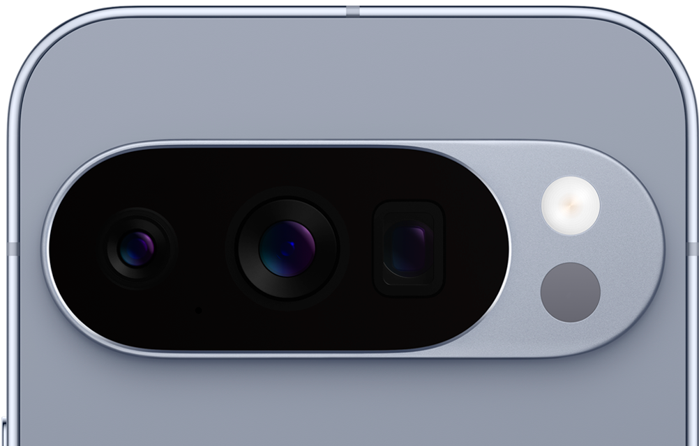 A close-up view of the back of a Moonstone coloured Google Pixel, focusing on its camera array