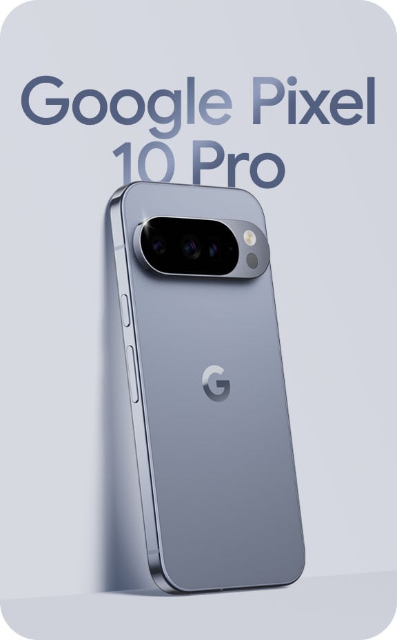 Google Pixel 10 Pro in Moonstone leaning against a wall