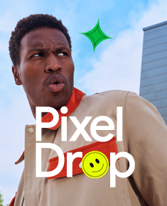 vibrant image featuring a man with short, dark hair and a surpised expression, with text overlay reading Pixel Drops