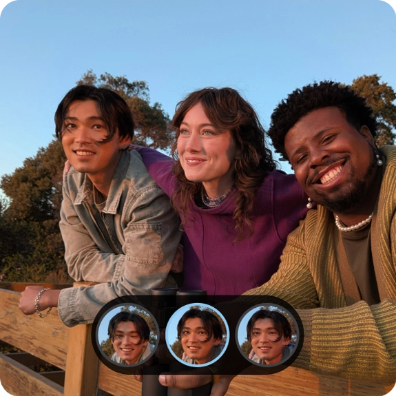 Three people posing for a photo, below illustrates the functionality for changing elements from similar photos that can be edited into the main image