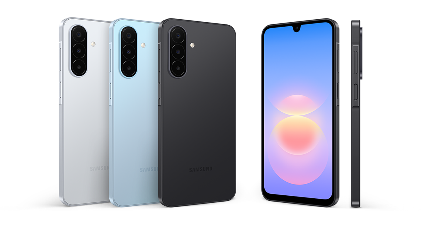 Galaxy A18 shown in Black, Silver, and Light Blue from multiple angles, highlighting its sleek and slim design.