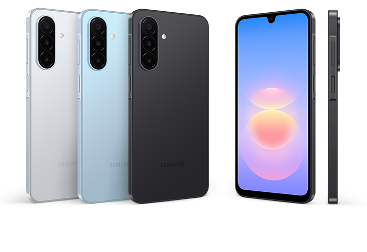 Galaxy A18 shown in Black, Silver, and Light Blue from multiple angles, highlighting its sleek and slim design.