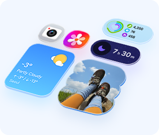 Various app icons and app widgets from the One UI 9 user interface are neatly arranged in a grid, highlighting the intuitive look.