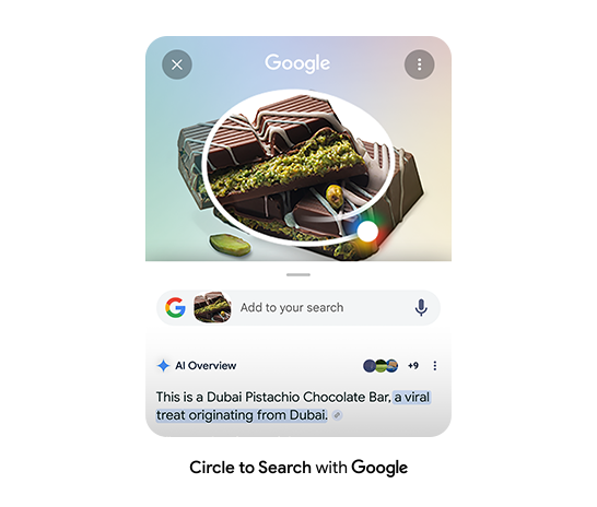 Some Dubai chocolate is circled. Google search bar is seen underneath with AI Overview results.