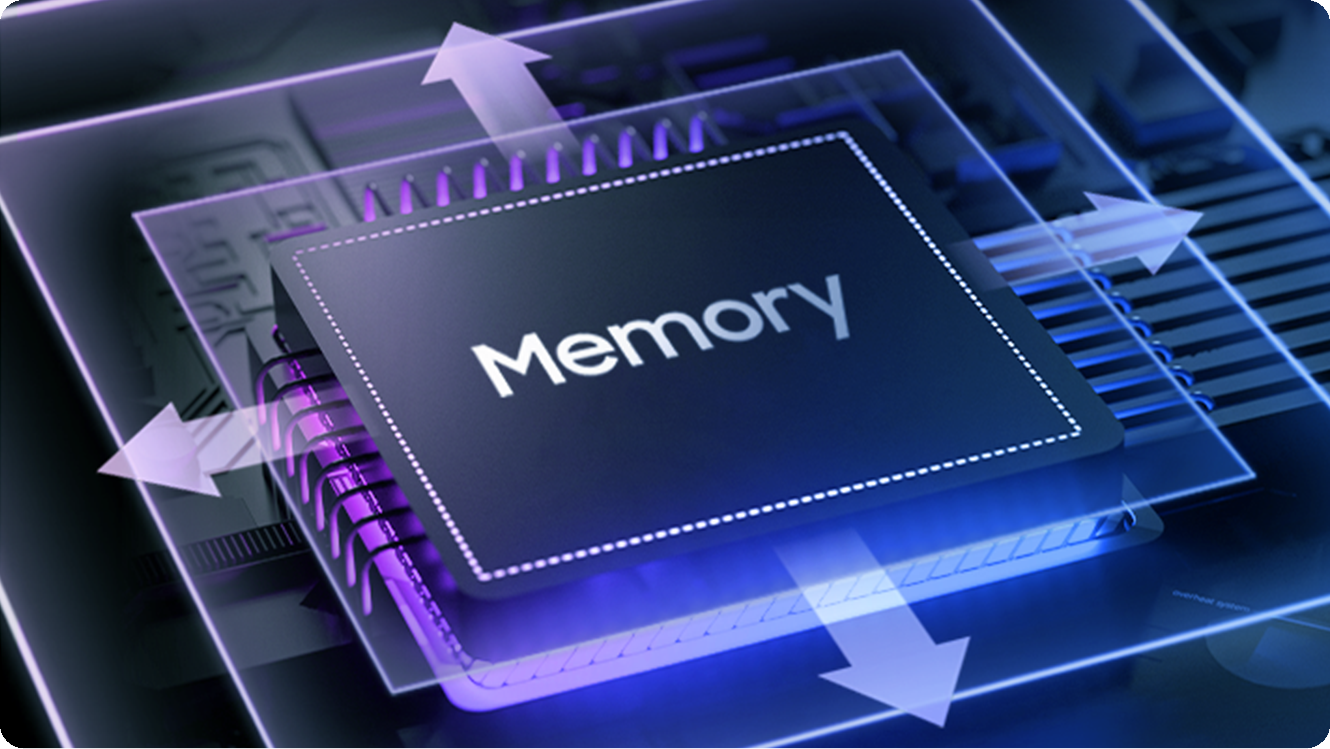 A processor chip text representing the memory of Galaxy A18 is shown embedded on a grid.