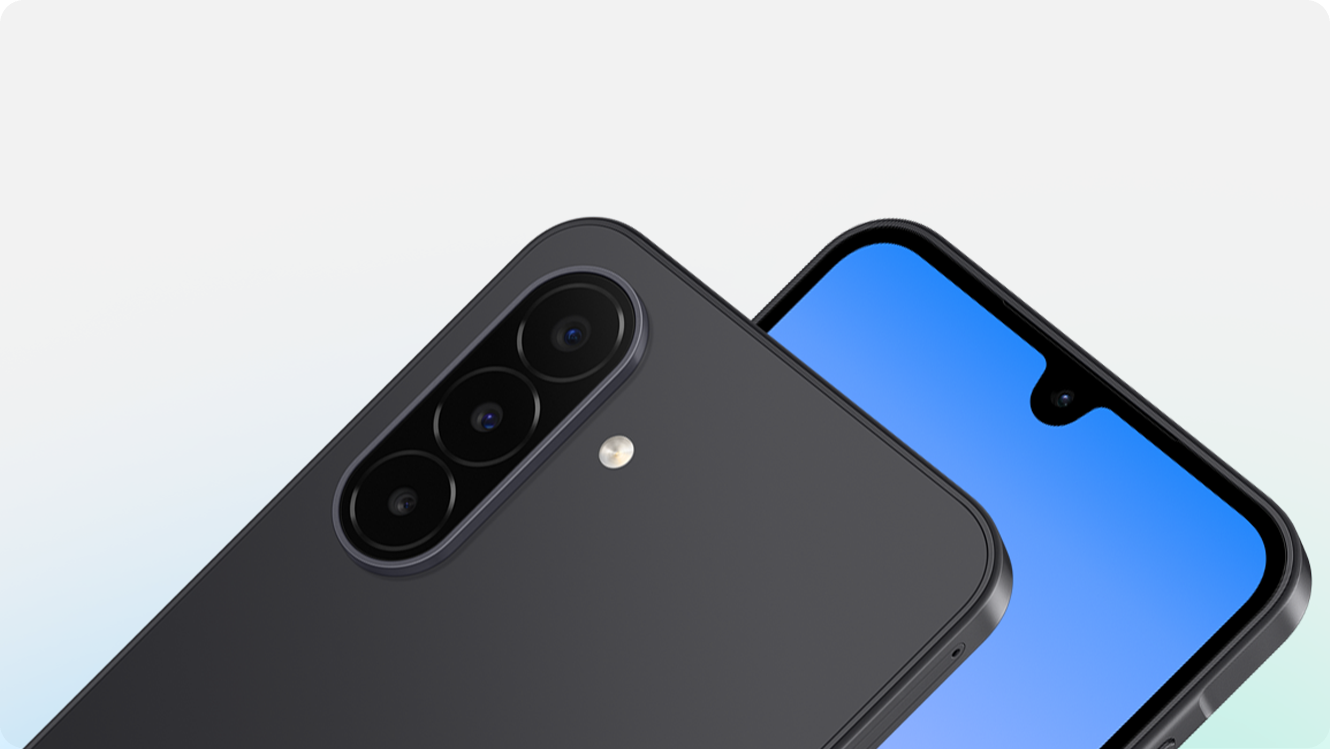 Two Galaxy A18 devices. One viewed from the back, showcasing the 5 MP Ultra Wide Camera, 50 MP Wide Camera and 2 MP Macro Camera. The other viewed from the front, highlighting the 13 MP Front Camera.