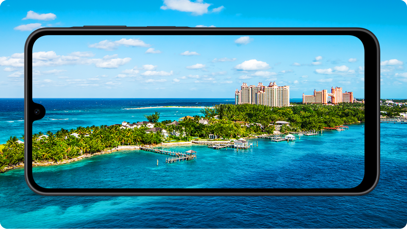 Galaxy A18 framing a vast waterfront view using the 5 MP Ultra Wide Camera.