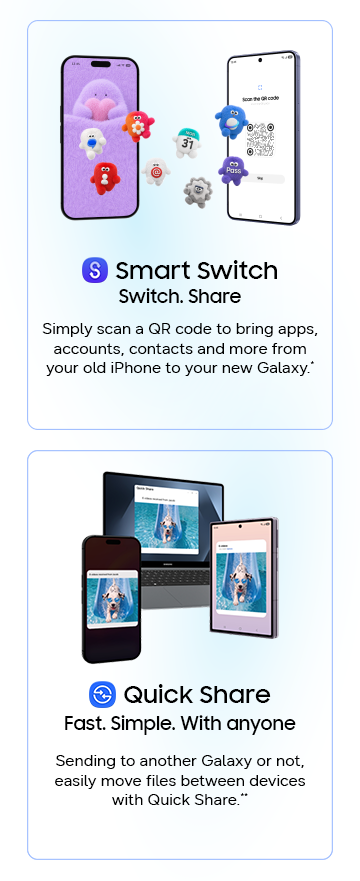 A smartphone device silhouette with Smart Switch icon onscreen is shown transferring data to another compatible smartphone device with multiple data layers.