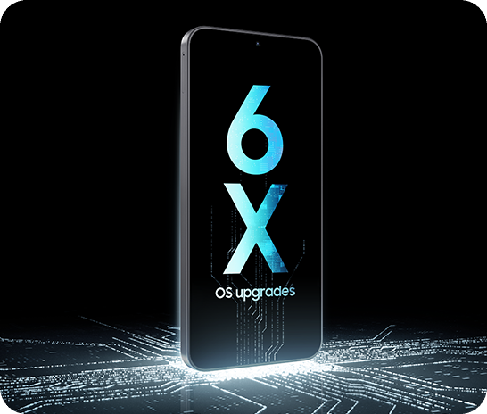 A Galaxy A18 device stands upright on top of a luminescent chip circuit that continues up the screen, which shows '6X OS upgrades'