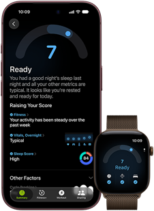 iPhone 18 Pro, black, front exterior, displaying the results of the Readiness status (score of 7), paired with Apple Watch, front facing, brown, displaying the same Readiness score of 7
