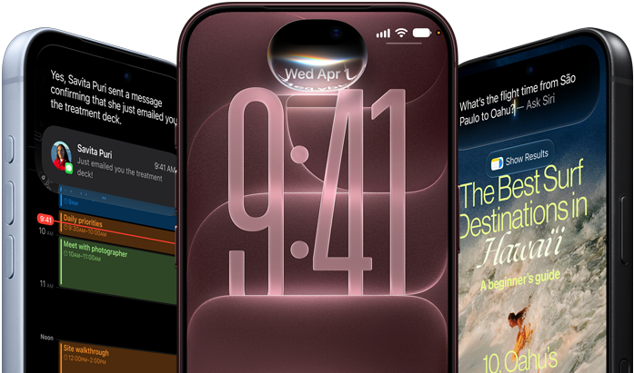 3 iPhone 18 Pro devices in Glacier, Burgundy and Black, front exterior, screens show Siri AI integration in Lock Screen, Message Summary and Ask Siri