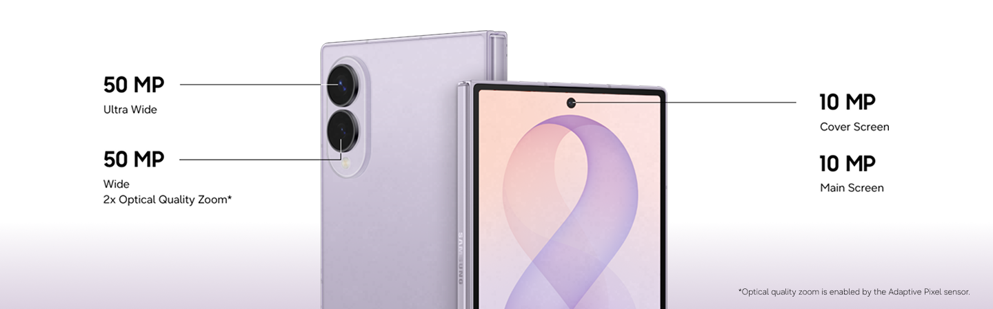 An image of the front and back of the Fold8 showing the camera specifications