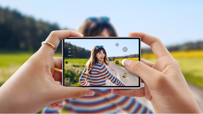 An image of someone holding the device taking a photo of a lady smiling