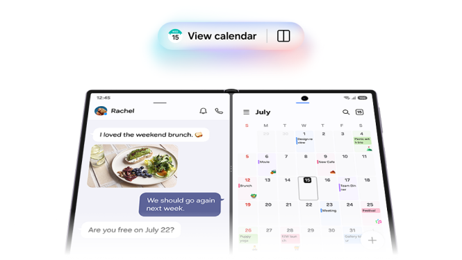 The Fold8 unfolded showing a split screen of a chat window on one and the calendar on the other.