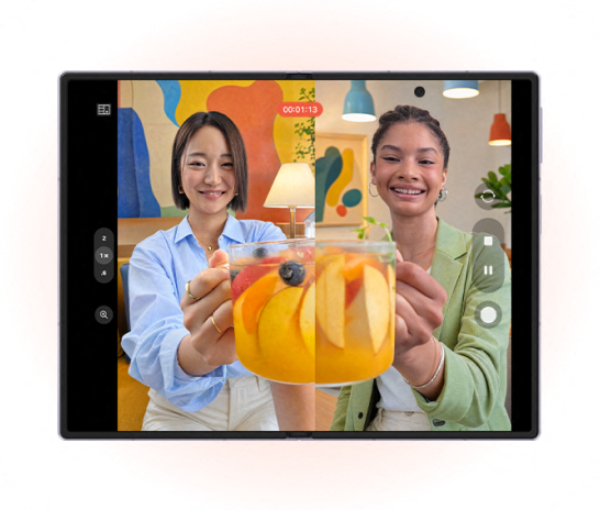 An image of 2 women holding a cup and showing the dual recording feature