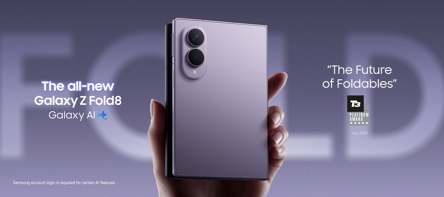 Promo image for the Fold8 device showing someone holding the phone and an award symbol.