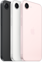 iPhone 17e, side and back exterior, black colour, side and back exterior, white colour, side and back exterior, soft pink colour, Fusion camera at top, side button