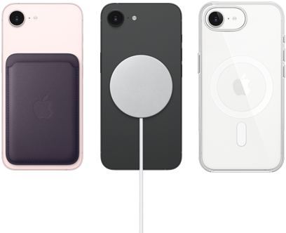 iPhone 17e in soft pink colour with FineWoven Wallet in midnight purple colour, iPhone 17e in black colour and MagSafe Charger, iPhone 17e in white colour with Clear Case with MagSafe