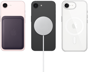 iPhone 17e in soft pink colour with FineWoven Wallet in midnight purple colour, iPhone 17e in black colour and MagSafe Charger, iPhone 17e in white colour with Clear Case with MagSafe
