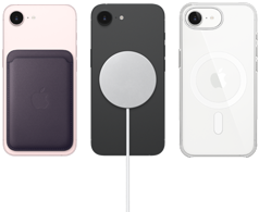 iPhone 17e in soft pink colour with FineWoven Wallet in midnight purple colour, iPhone 17e in black colour and MagSafe Charger, iPhone 17e in white colour with Clear Case with MagSafe