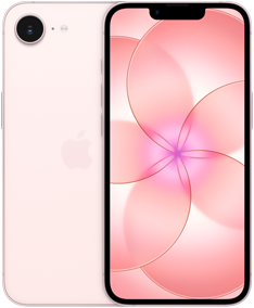Side by side, iPhone 17e, back exterior, soft pink colour, Fusion camera system at top left, iPhone 17e, front exterior, all-screen design