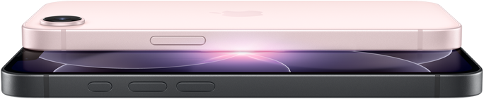 iPhone 17e, horizontal side and back exterior, soft pink colour, iPhone 17e, horizontal side and front exterior, black colour