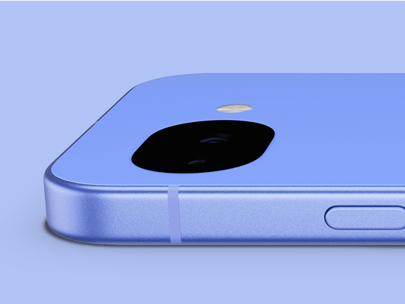 Close up of Pixel 10a device in Lavender, showing full camera lense.