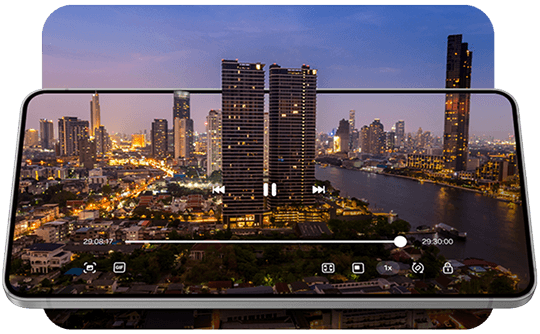 City skyline on digital video display at night