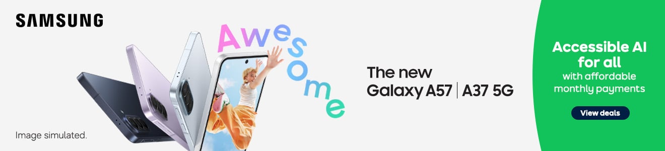Samsung the new Galaxy A57 A37 5G. Accessible AI for all with affordable monthly payments. Awesome. Image simulated. View deals.